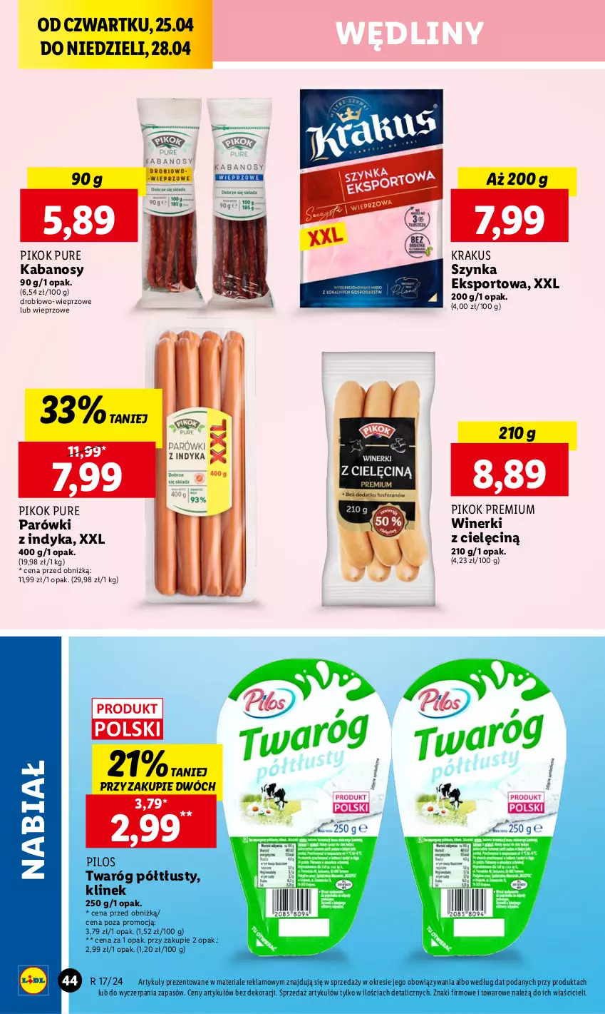 Gazetka promocyjna Lidl - GAZETKA - ważna 25.04 do 28.04.2024 - strona 46 - produkty: Kabanos, Krakus, Parówki, Parówki z indyka, PIKOK, Pilos, Por, Pur, Sport, Szynka, Twaróg, Twaróg półtłusty