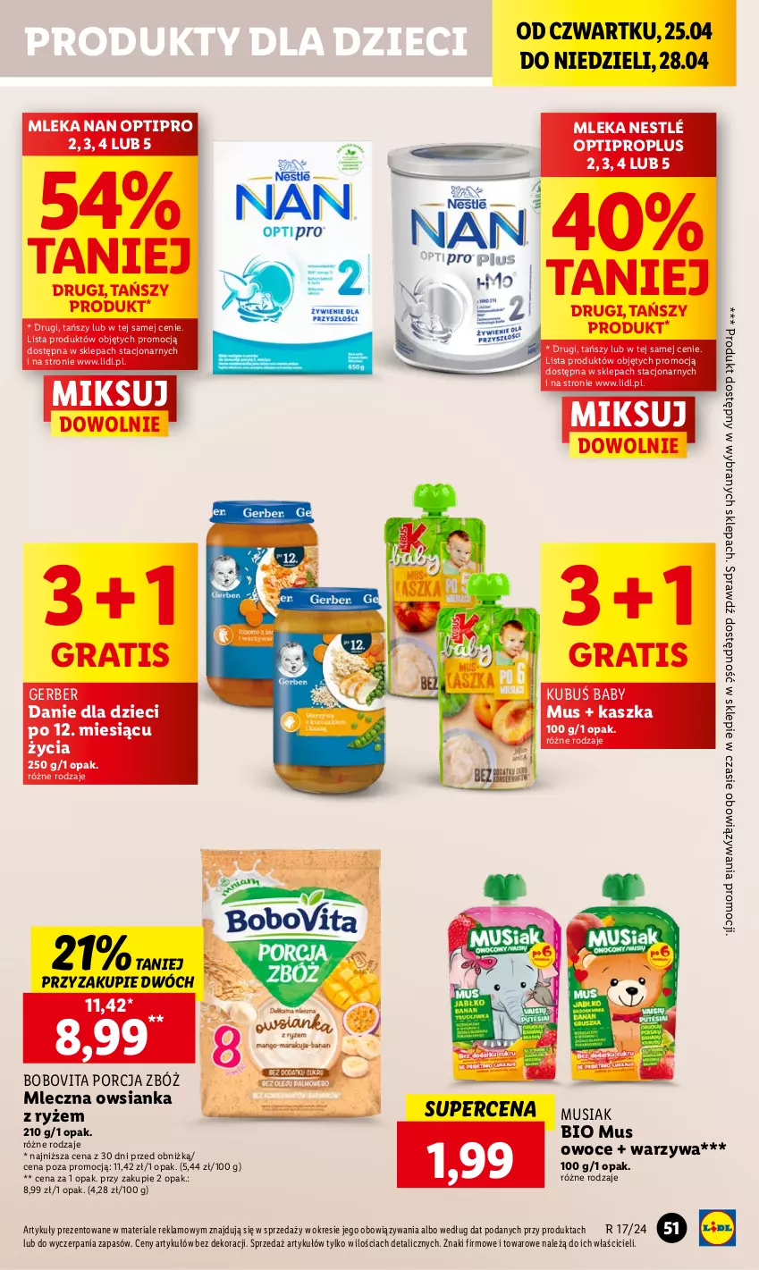 Gazetka promocyjna Lidl - GAZETKA - ważna 25.04 do 28.04.2024 - strona 55 - produkty: BoboVita, Danie dla dzieci, Dzieci, Gerber, Gra, Kubuś, Mus, NAN Optipro, Nestlé, Owoce, Owsianka, Por, Ryż, Warzywa