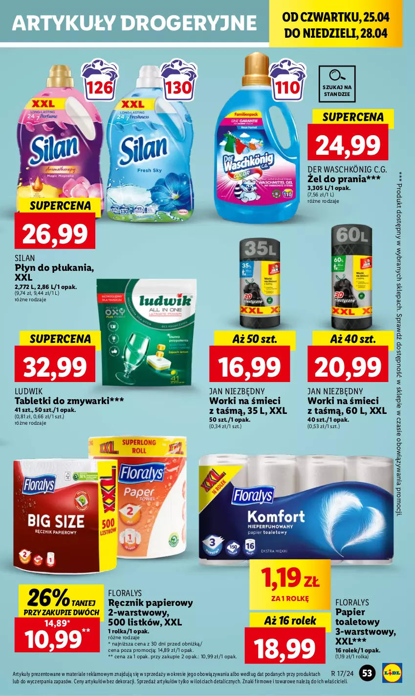 Gazetka promocyjna Lidl - GAZETKA - ważna 25.04 do 28.04.2024 - strona 57 - produkty: Flora, Jan Niezbędny, König, Ludwik, Papier, Papier toaletowy, Płyn do płukania, Ręcznik, Silan, Tablet, Tabletki do zmywarki, Worki na śmiec, Worki na śmieci, Zmywarki