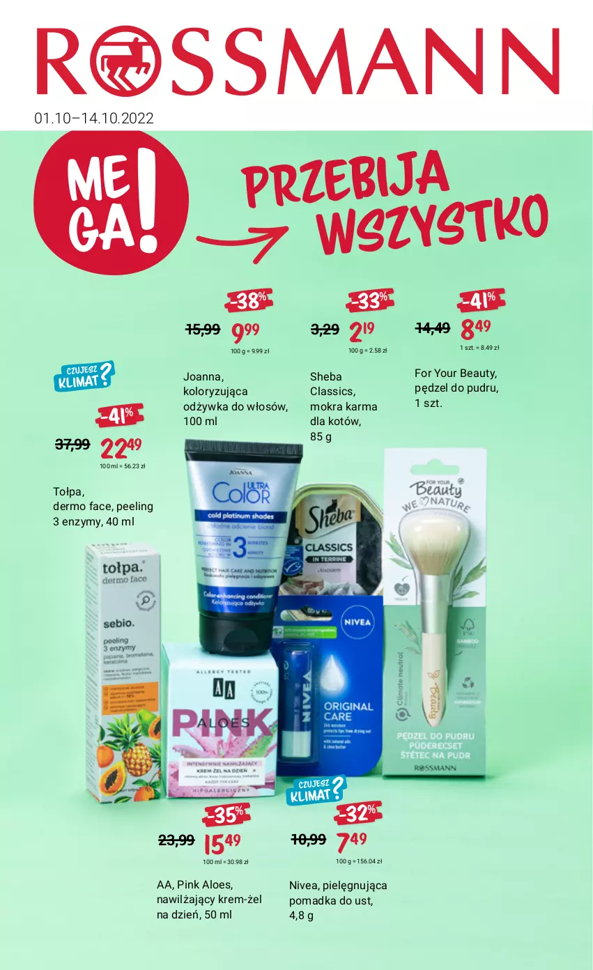 Gazetka promocyjna Rossmann - 1 października - ważna 01.10 do 14.10.2022 - strona 1 - produkty: Fa, For Your Beauty, Joanna, Mokra karma, Nivea, Odżywka, Pędzel do pudru, Peeling, Sheba, Tołpa