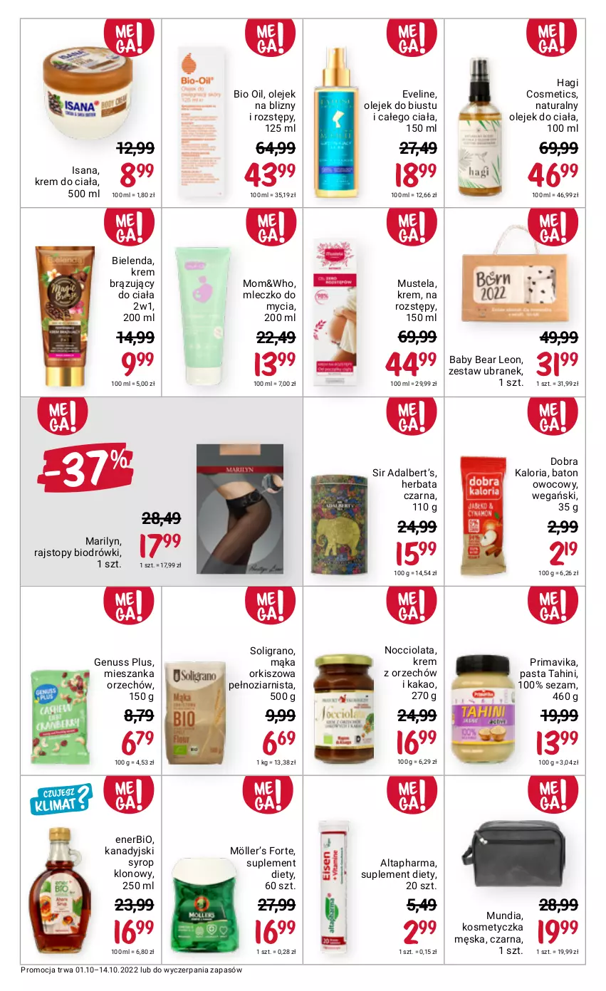 Gazetka promocyjna Rossmann - 1 października - ważna 01.10 do 14.10.2022 - strona 12 - produkty: Baton, Bielenda, Enerbio, Eveline, Genuss Plus, Gra, Herbata, Herbata czarna, Isana, Kakao, Kosmetyczka, Krem do ciała, Leon, Mąka, Marilyn, Mleczko, Mus, Mustela, Olej, Olejek do ciała, Prima, Primavika, Rajstopy, Sezam, Soligrano, Suplement diety, Syrop, Top