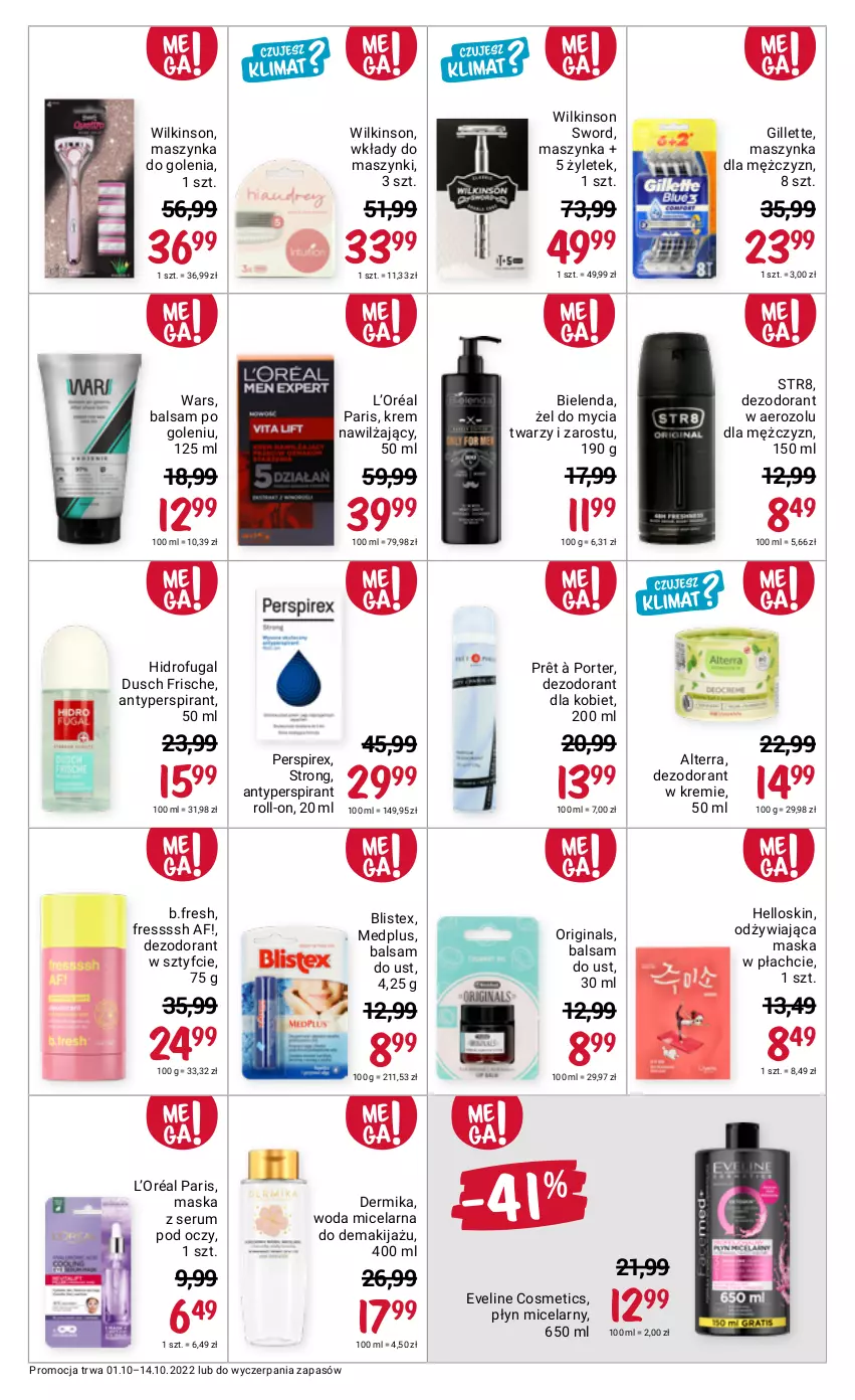 Gazetka promocyjna Rossmann - 1 października - ważna 01.10 do 14.10.2022 - strona 6 - produkty: Alterra, Antyperspirant, Balsam do ust, Balsam po goleniu, Bielenda, Dermika, Dezodorant, Eveline, Gillette, Gin, Krem nawilżający, L’Oréal, Makijaż, Maska, Maska w płachcie, Maszynka, Maszynka do golenia, Płyn micelarny, Por, Rum, Ser, Serum, Serum pod oczy, Str8, Szynka, Wilkinson Sword, Woda, Woda micelarna