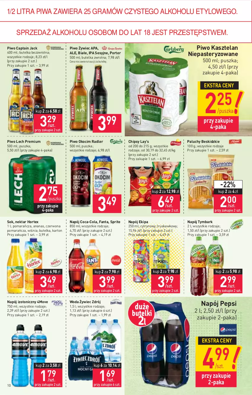 Gazetka promocyjna Stokrotka - Supermarket - ważna 14.10 do 20.10.2021 - strona 10 - produkty: Ananas, Beskidzki, Captain Jack, Chipsy, Coca-Cola, Fa, Fanta, Gra, Hortex, Kasztelan, Koc, Lay’s, Lech Premium, Napój, Napój izotoniczny, Nektar, Okocim, Pepsi, Piwa, Piwo, Por, Radler, Sok, Sprite, Tymbark, Woda