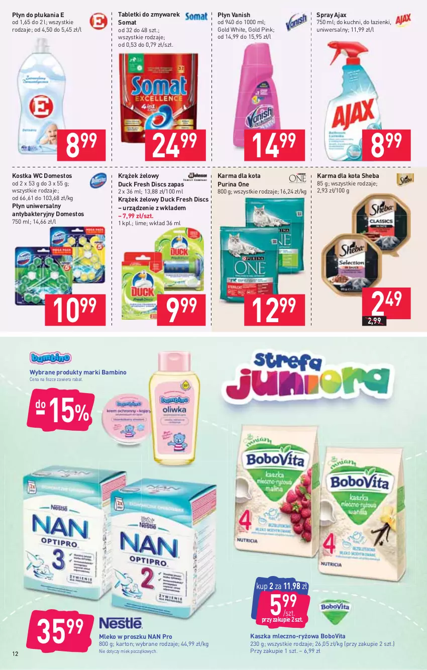 Gazetka promocyjna Stokrotka - Supermarket - ważna 14.10 do 20.10.2021 - strona 12 - produkty: Ajax, BoboVita, Domestos, Duck, Mleko, Mleko w proszku, Płyn do płukania, Pur, Purina, Ryż, Sheba, Somat, Tablet, Vanish