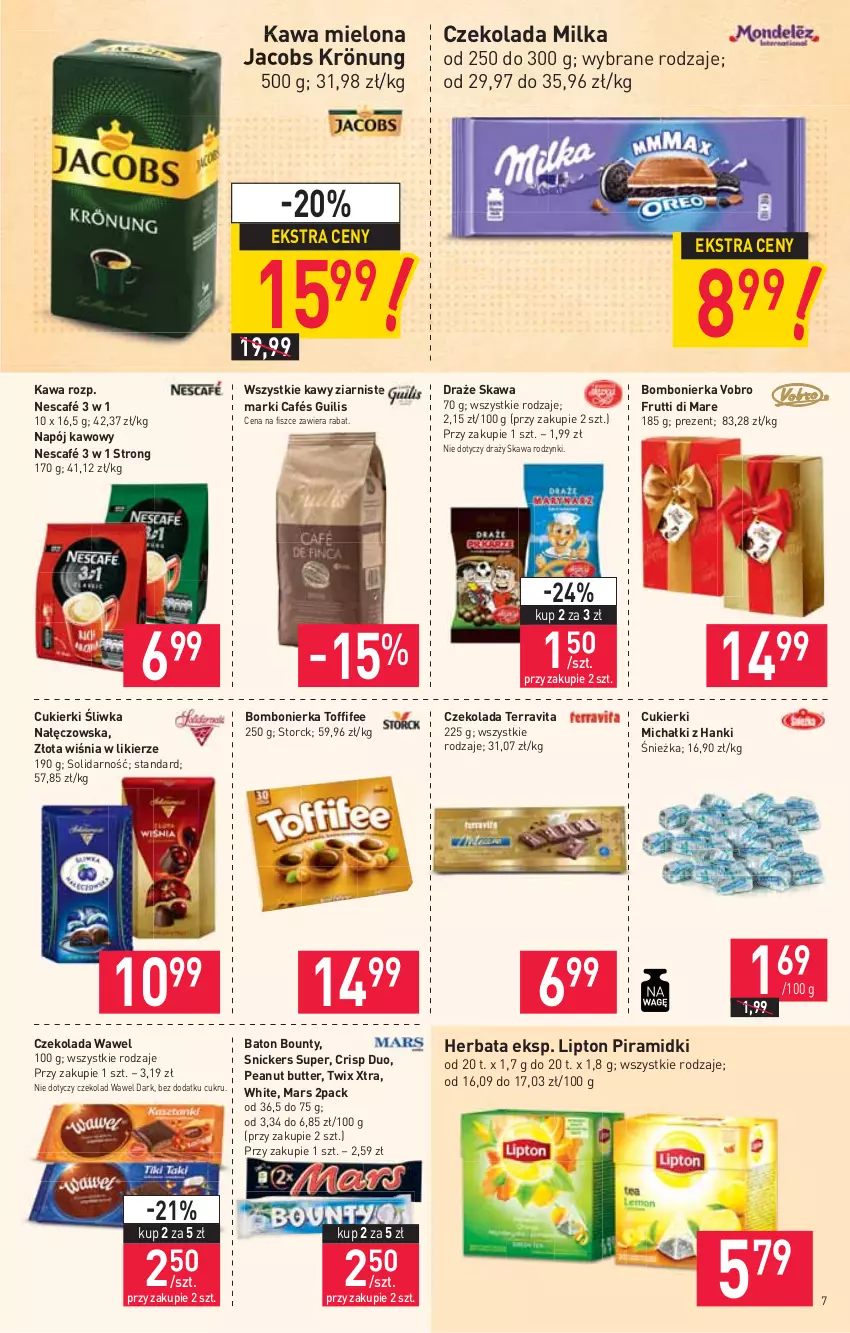 Gazetka promocyjna Stokrotka - Supermarket - ważna 14.10 do 20.10.2021 - strona 7 - produkty: Baton, Bounty, Cukier, Cukierki, Czekolada, Herbata, Jacobs, Jacobs Krönung, Kawa, Kawa mielona, Likier, Lipton, Mars, Michałki, Milka, Napój, Nescafé, Rodzynki, Snickers, Toffifee, Twix, Wawel