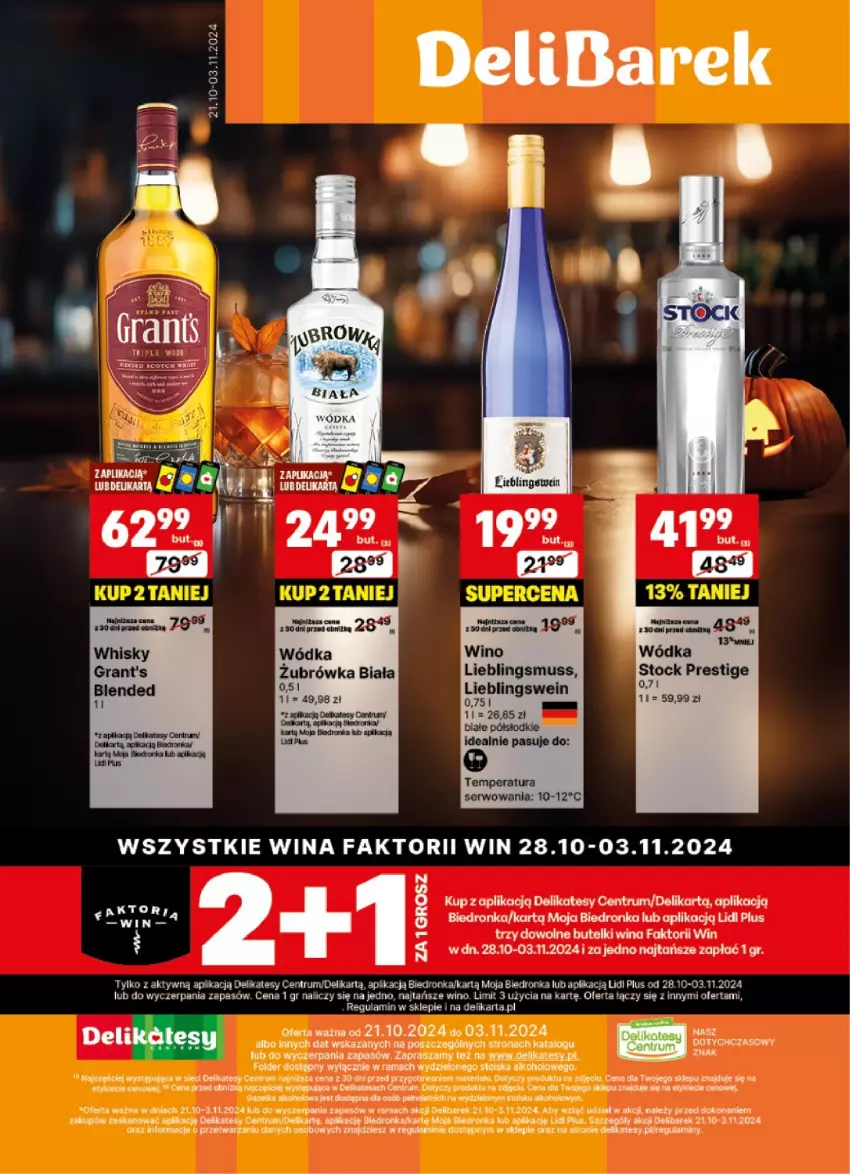 Gazetka promocyjna Delikatesy Centrum - DeliBarek DC43-DC44 - ważna 21.10 do 03.11.2024 - strona 1 - produkty: Dron, Fa, Gra, Grant's, Mus, Rama, Rum, Ser, Stock, Whisky, Wino, Wódka