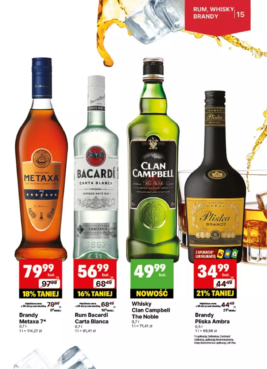 Gazetka promocyjna Delikatesy Centrum - DeliBarek DC43-DC44 - ważna 21.10 do 03.11.2024 - strona 15 - produkty: Bacardi, Bell, Brandy, Dron, Metaxa, Pliska, Rum, Whisky