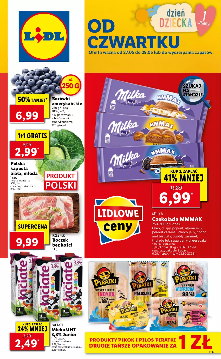 Gazetka promocyjna Lidl - GAZETKA - ważna 27.05 do 29.05.2021 - strona 1 - produkty: Boczek, Boczek bez kości, Borówka, Czekolada, Gra, Milka, Mleko, Oreo, PIKOK, Pilos, Por