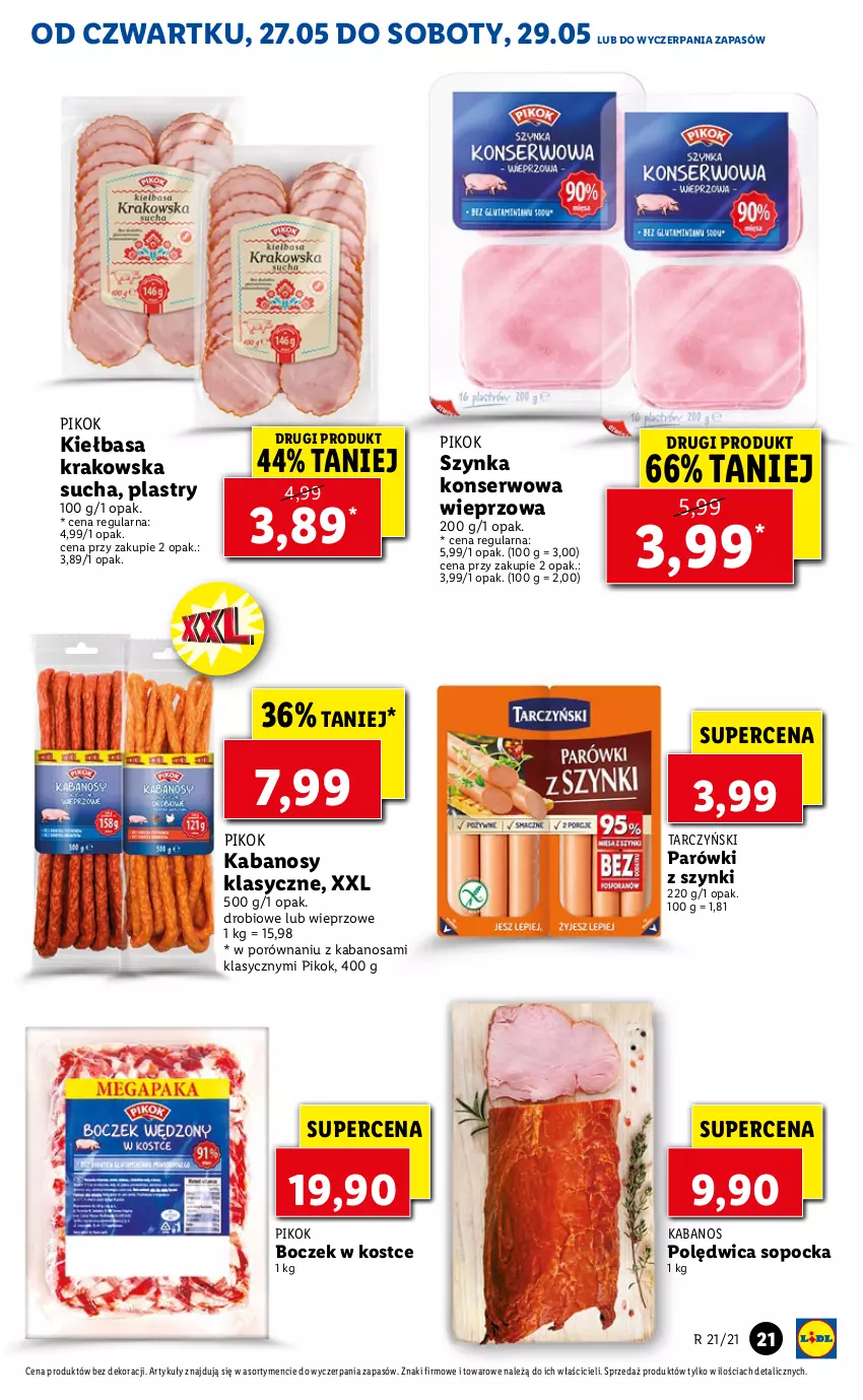 Gazetka promocyjna Lidl - GAZETKA - ważna 27.05 do 29.05.2021 - strona 21 - produkty: Boczek, Kabanos, Kiełbasa, Kiełbasa krakowska, Parówki, Parówki z szynki, PIKOK, Polędwica, Por, Ser, Szynka, Szynka konserwowa, Tarczyński