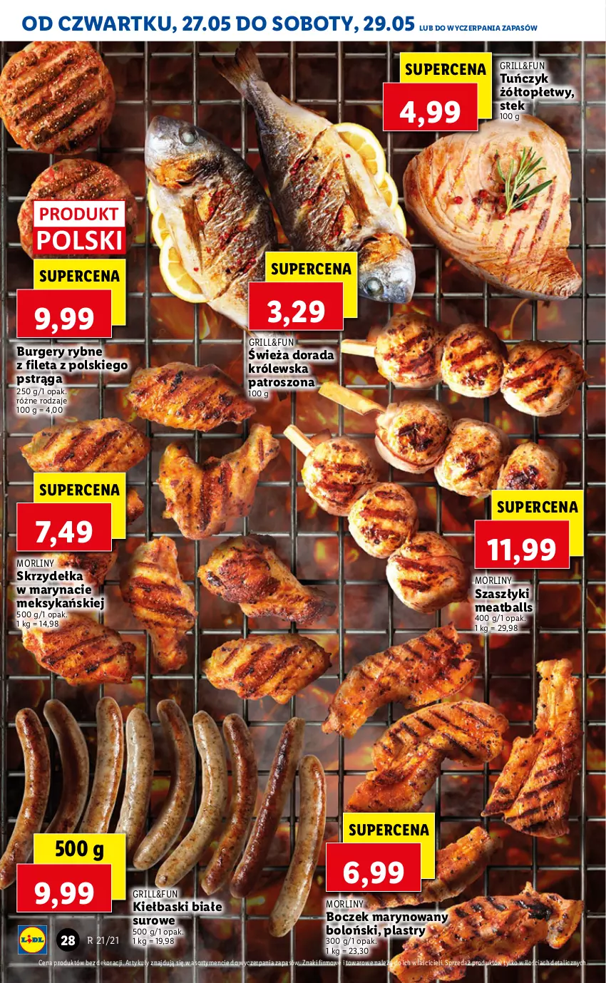 Gazetka promocyjna Lidl - GAZETKA - ważna 27.05 do 29.05.2021 - strona 28 - produkty: Boczek, Burger, Grill, Kiełbaski białe, Morliny, Pstrąg, Stek, Top, Tuńczyk