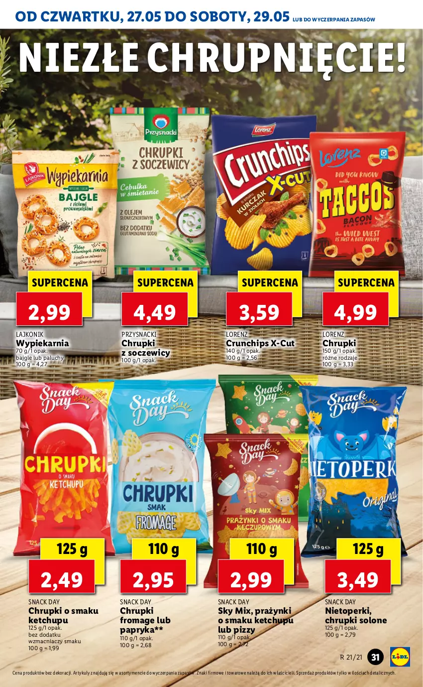 Gazetka promocyjna Lidl - GAZETKA - ważna 27.05 do 29.05.2021 - strona 31 - produkty: Bajgle, Chrupki, Crunchips, Ketchup, Lajkonik, Lorenz, Papryka, Przysnacki, Top