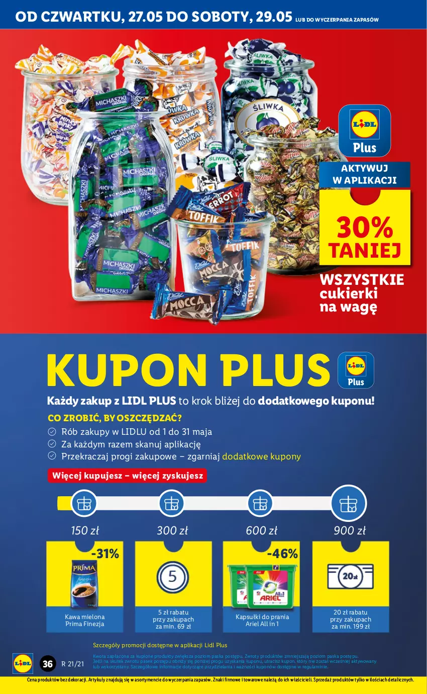 Gazetka promocyjna Lidl - GAZETKA - ważna 27.05 do 29.05.2021 - strona 36 - produkty: Ariel, Cukier, Cukierki, Kapsułki do prania, Kawa, Kawa mielona, Pasek, Prima