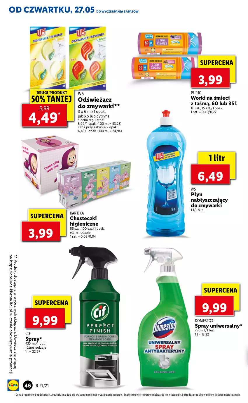 Gazetka promocyjna Lidl - GAZETKA - ważna 27.05 do 29.05.2021 - strona 46 - produkty: Chusteczki, Cif, Domestos, Odświeżacz do zmywarki, Płyn nabłyszczający, Pur, Worki na śmiec, Worki na śmieci, Zmywarki