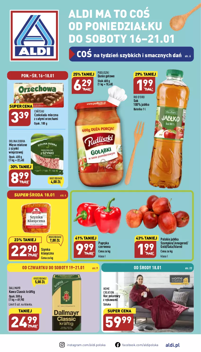 Gazetka promocyjna Aldi - Pełny katalog - ważna 16.01 do 21.01.2023 - strona 1 - produkty: Czekolada, Czekolada mleczna, Dallmayr, Danie gotowe, Fa, Gala, Gra, Jabłka, Kawa, Koc, Mięso, Mięso mielone, Mięso mielone z szynki, Papryka, Papryka czerwona, Pudliszki, Sok, Szampion, Szynka