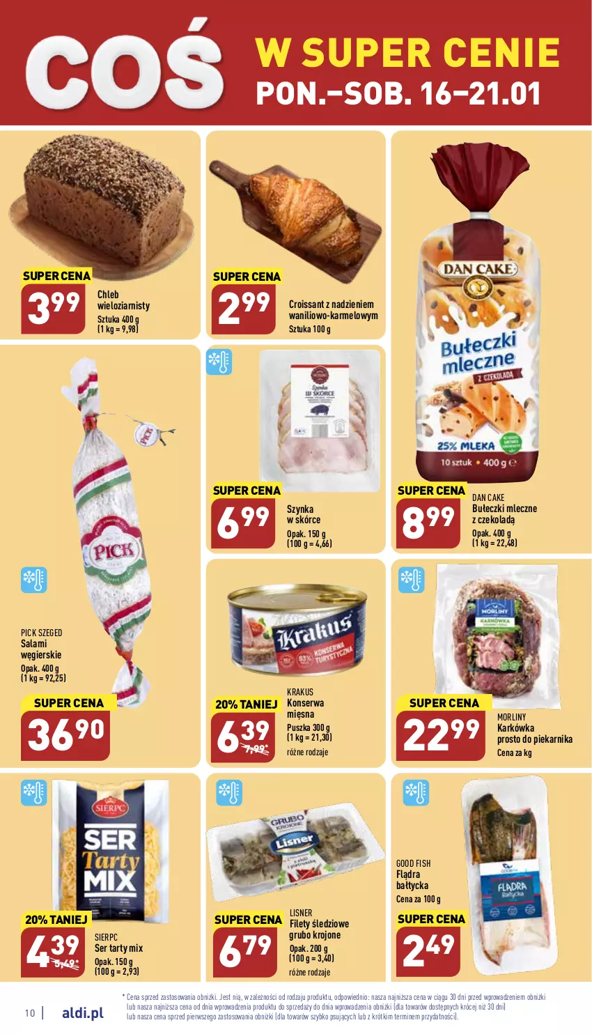 Gazetka promocyjna Aldi - Pełny katalog - ważna 16.01 do 21.01.2023 - strona 10 - produkty: Bułeczki, Bułeczki mleczne, Chleb, Chleb wieloziarnisty, Croissant, Dan Cake, Krakus, Lisner, Morliny, Piekarnik, Salami, Ser, Szynka