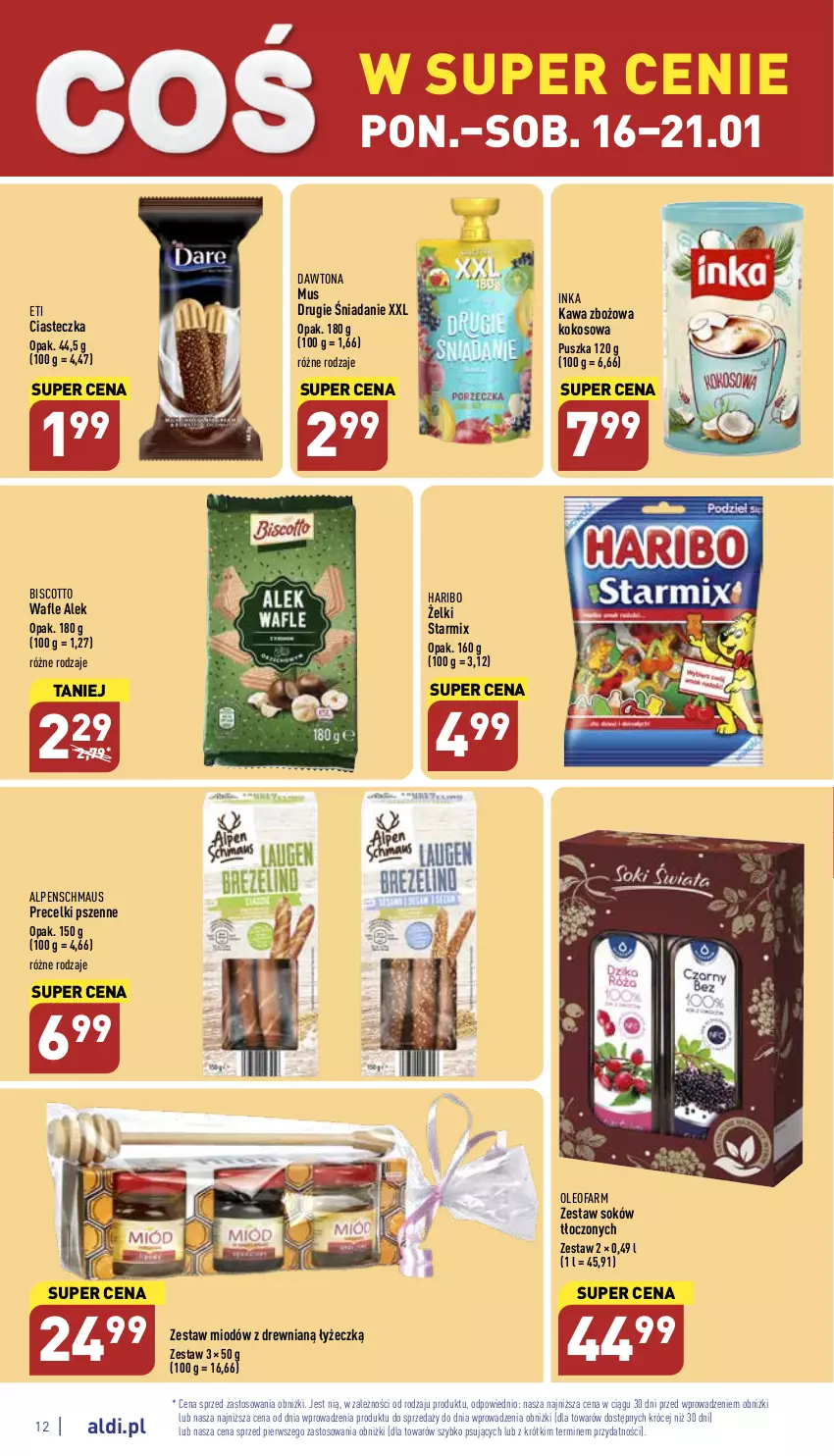 Gazetka promocyjna Aldi - Pełny katalog - ważna 16.01 do 21.01.2023 - strona 12 - produkty: Dawtona, Fa, Haribo, Inka, Kawa, Kawa zbożowa, Kokos, Mus, Oleo, Oleofarm, Precelki, Sok, Wafle