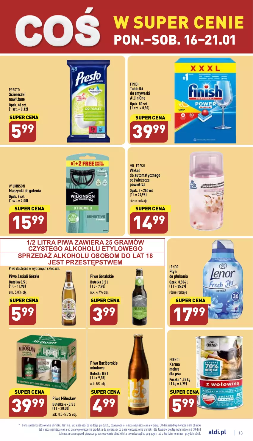 Gazetka promocyjna Aldi - Pełny katalog - ważna 16.01 do 21.01.2023 - strona 13 - produkty: Finish, Gra, Lenor, Piwa, Piwo, Płyn do płukania, Presto, Tablet, Tabletki do zmywarki, Zmywarki