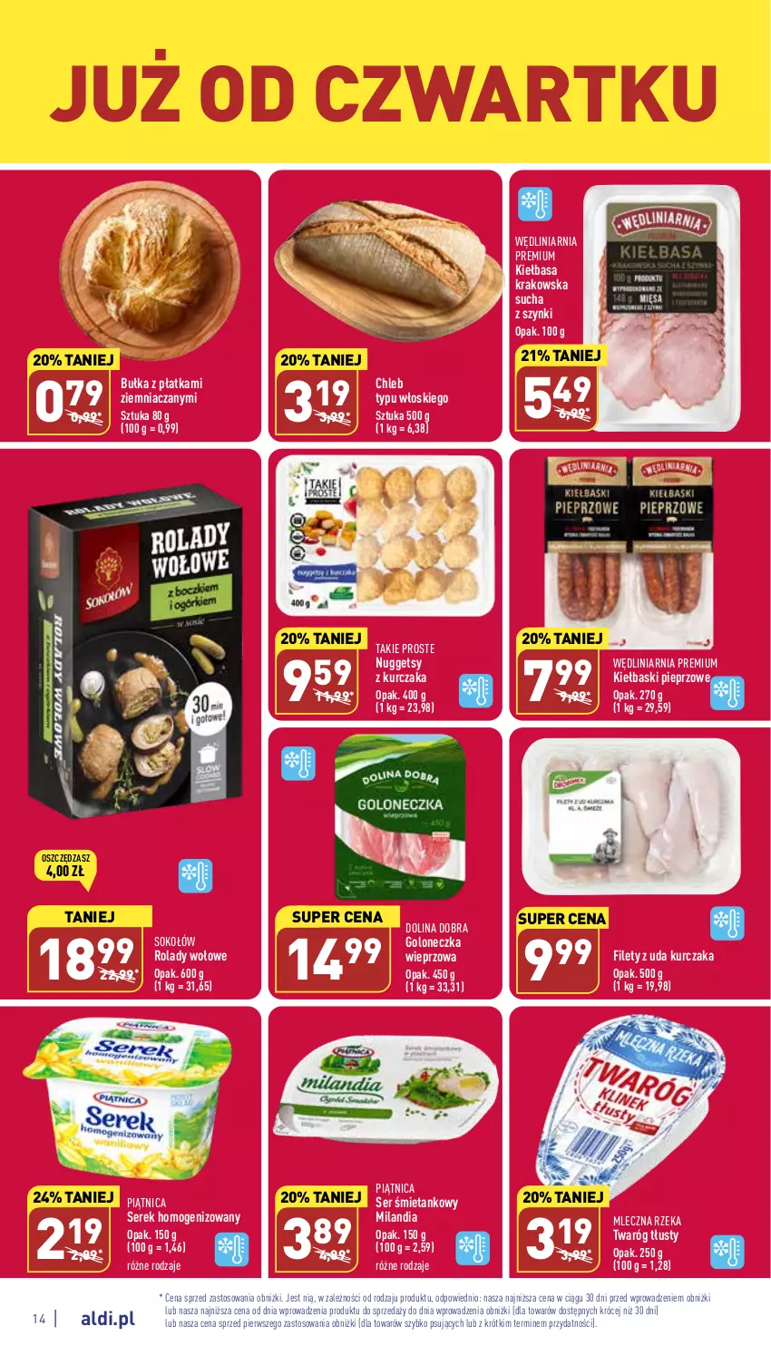 Gazetka promocyjna Aldi - Pełny katalog - ważna 16.01 do 21.01.2023 - strona 14 - produkty: Bułka, Chleb, Chleb typu włoskiego, Kiełbasa, Kiełbasa krakowska, Kiełbaski pieprzowe, Kurczak, Mleczna Rzeka, Piątnica, Pieprz, Ser, Serek, Serek homogenizowany, Sok, Sokołów, Twaróg, Twaróg tłusty