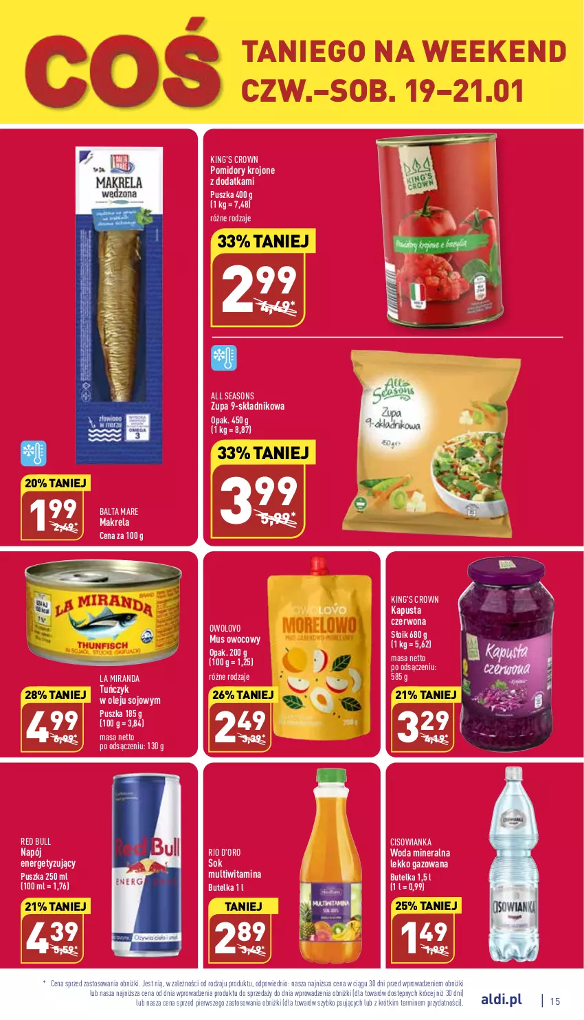 Gazetka promocyjna Aldi - Pełny katalog - ważna 16.01 do 21.01.2023 - strona 15 - produkty: All Seasons, Balta Mare, Cisowianka, Mus, Napój, Olej, Pomidory, Pomidory krojone, Red Bull, Sok, Tuńczyk, Woda, Woda mineralna, Zupa