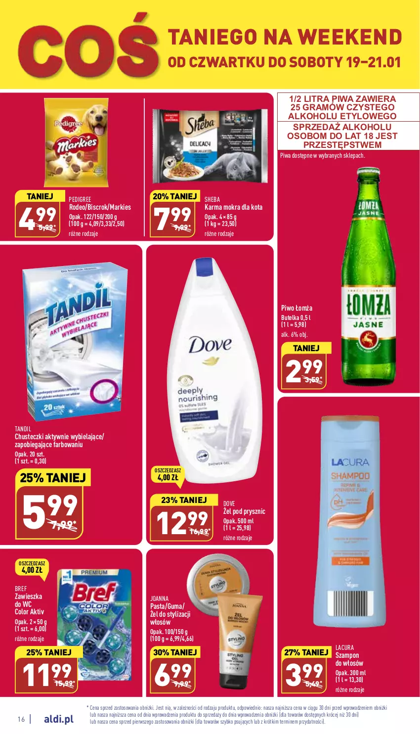 Gazetka promocyjna Aldi - Pełny katalog - ważna 16.01 do 21.01.2023 - strona 16 - produkty: Bref, Chusteczki, Dove, Fa, Gra, Joanna, Pedigree, Piwa, Piwo, Sheba, Szampon, Zawieszka do wc