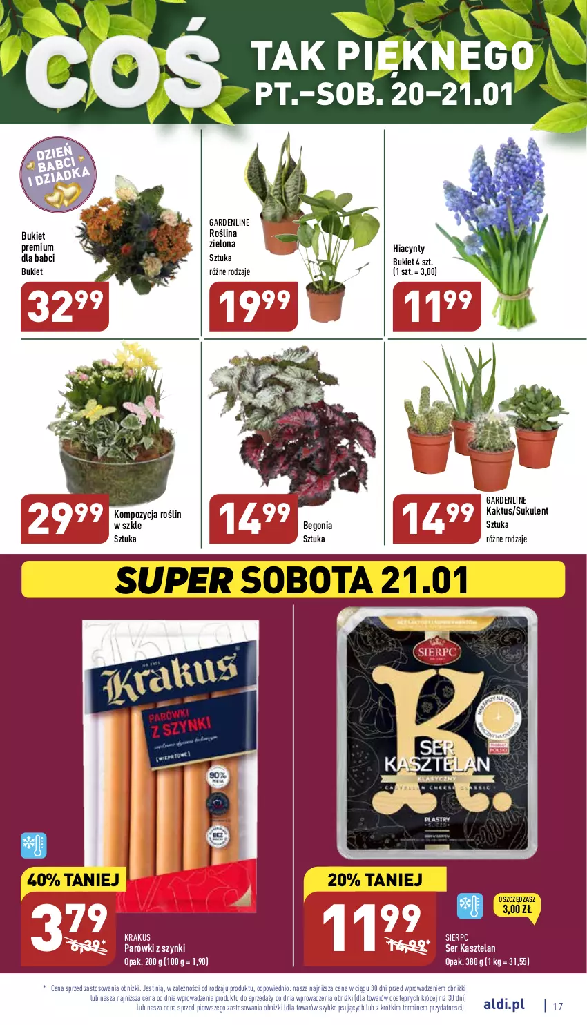 Gazetka promocyjna Aldi - Pełny katalog - ważna 16.01 do 21.01.2023 - strona 17 - produkty: Bukiet, Hiacynt, Kaktus, Kasztelan, Krakus, Parówki, Parówki z szynki, Ser, Ser Kasztelan, Sukulent