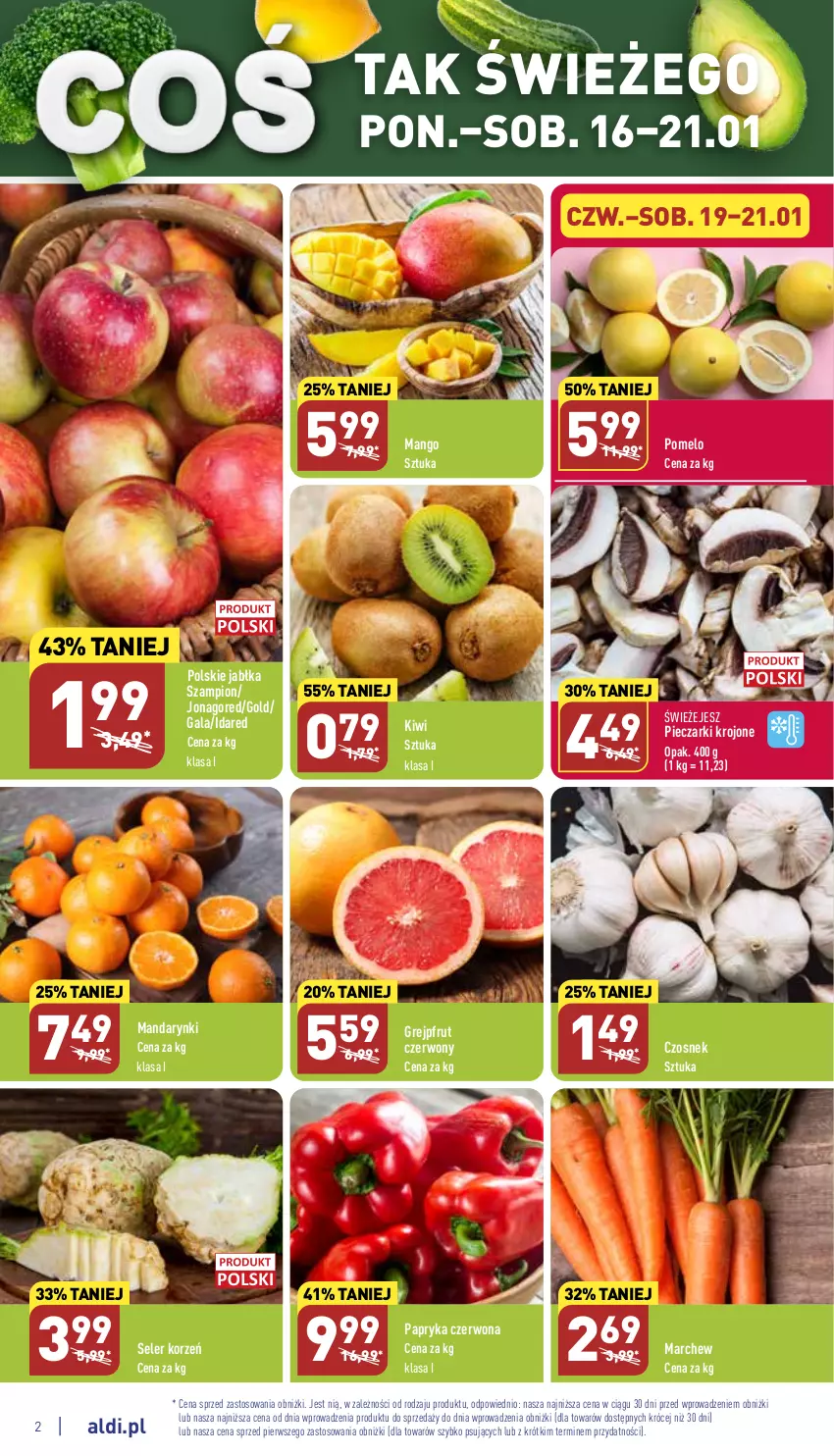 Gazetka promocyjna Aldi - Pełny katalog - ważna 16.01 do 21.01.2023 - strona 2 - produkty: Czosnek, Gala, Grejpfrut, Jabłka, Kiwi, Mandarynki, Mango, Papryka, Papryka czerwona, Piec, Pieczarki krojone, Pomelo, Seler korzeń, Szampion