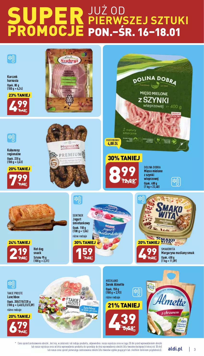 Gazetka promocyjna Aldi - Pełny katalog - ważna 16.01 do 21.01.2023 - strona 3 - produkty: Almette, Hochland, Hot dog, Hot dog snack, Jogurt, Kabanos, Margaryna, Mięso, Mięso mielone, Mięso mielone z szynki, Ser, Serek, Smakowita