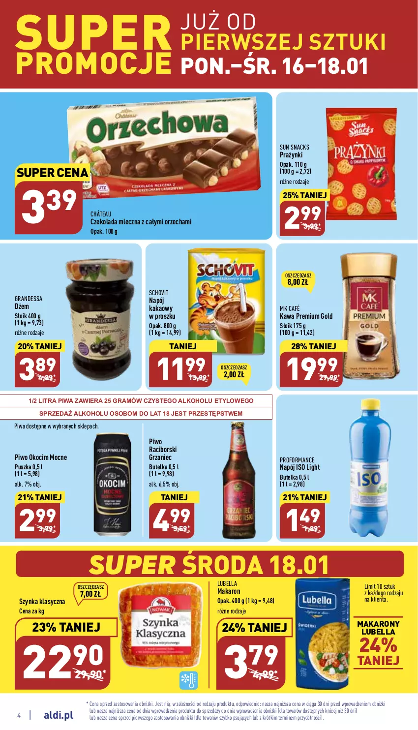 Gazetka promocyjna Aldi - Pełny katalog - ważna 16.01 do 21.01.2023 - strona 4 - produkty: Bell, Bella, Czekolada, Czekolada mleczna, Dżem, Gra, Kakao, Kawa, Koc, Lubella, Makaron, Napój, Okocim, Piwa, Piwo, Szynka