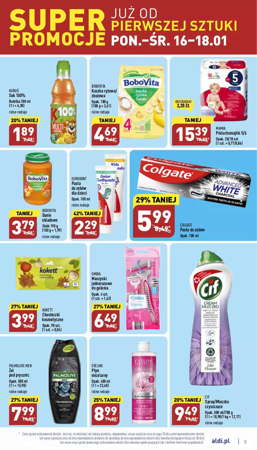 Gazetka promocyjna Aldi - Pełny katalog - ważna 16.01 do 21.01.2023 - strona 5 - produkty: BoboVita, Chusteczki, Chusteczki kosmetyczne, Cif, Colgate, Dzieci, Eveline, Kubuś, LG, Majtki, Mleczko, Palmolive, Pasta do zębów, Pieluchomajtki, Płyn micelarny, Ryż, Sok