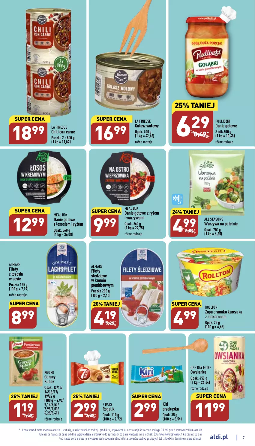 Gazetka promocyjna Aldi - Pełny katalog - ważna 16.01 do 21.01.2023 - strona 7 - produkty: 7 Days, All Seasons, Danie gotowe, Gulasz wołowy, Knorr, Kubek, Kurczak, Makaron, Owsianka, Pudliszki, Rogal, Ryż, Sos, Warzywa, Zupa