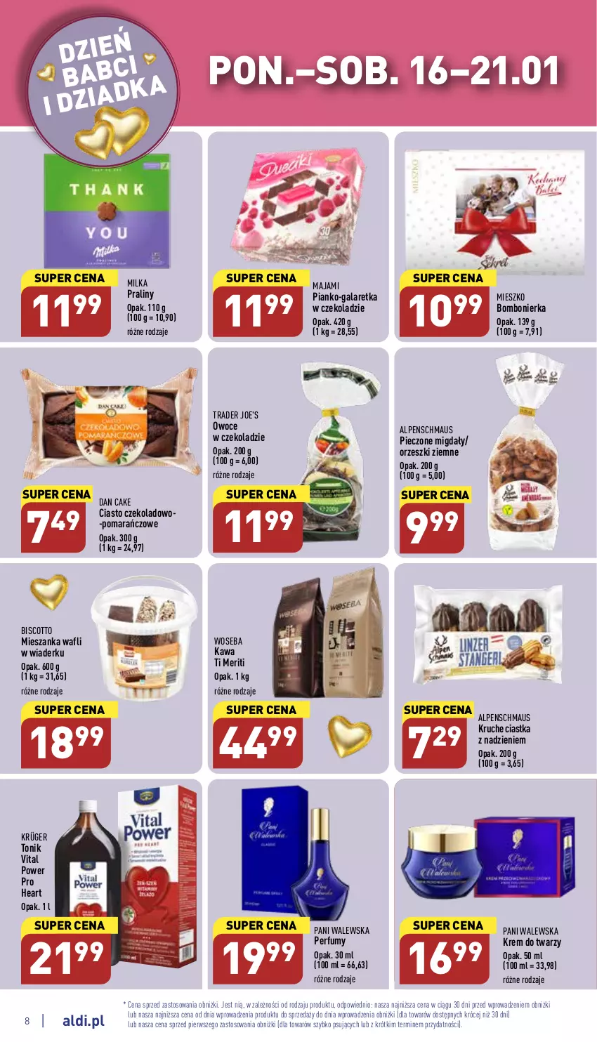 Gazetka promocyjna Aldi - Pełny katalog - ważna 16.01 do 21.01.2023 - strona 8 - produkty: Ciastka, Dan Cake, Gala, Galaretka, Kawa, Krem do twarzy, Migdały, Milka, Orzeszki, Orzeszki ziemne, Owoce, Perfum, Piec, Praliny, Tonik, Woseba