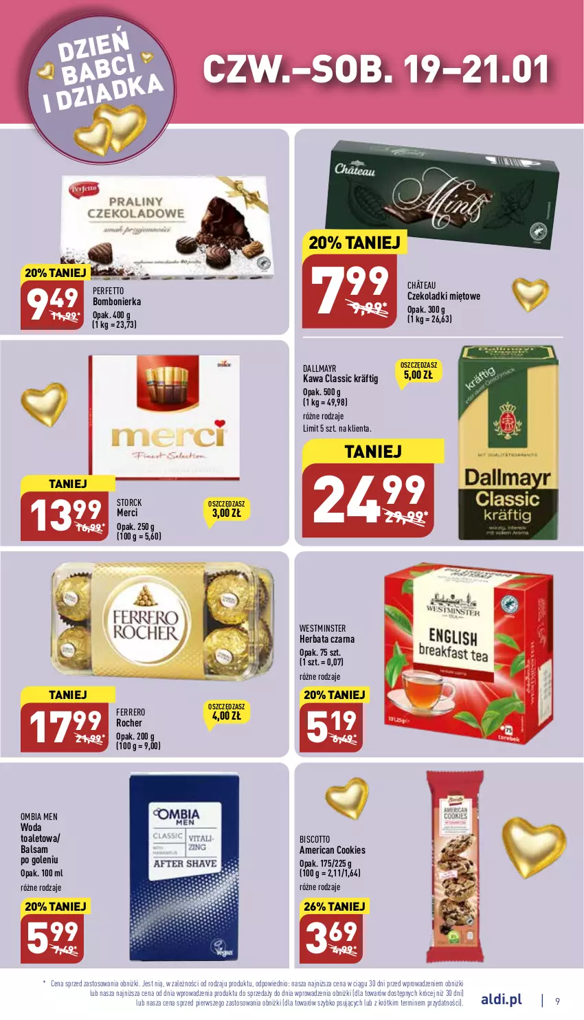 Gazetka promocyjna Aldi - Pełny katalog - ważna 16.01 do 21.01.2023 - strona 9 - produkty: Balsam po goleniu, Dallmayr, Ferrero, Ferrero Rocher, Herbata, Herbata czarna, Kawa, Merci, Woda, Woda toaletowa