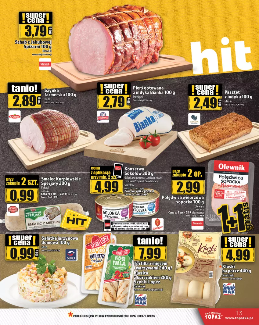 Gazetka promocyjna Topaz - Gazetka - ważna 09.05 do 15.05.2024 - strona 13 - produkty: Bianka, Danio, Fa, LG, Olewnik, Pasztet, Sałat, Sałatka, SEKO, Smalec, Szynka, Top, Tortilla, Warzywa