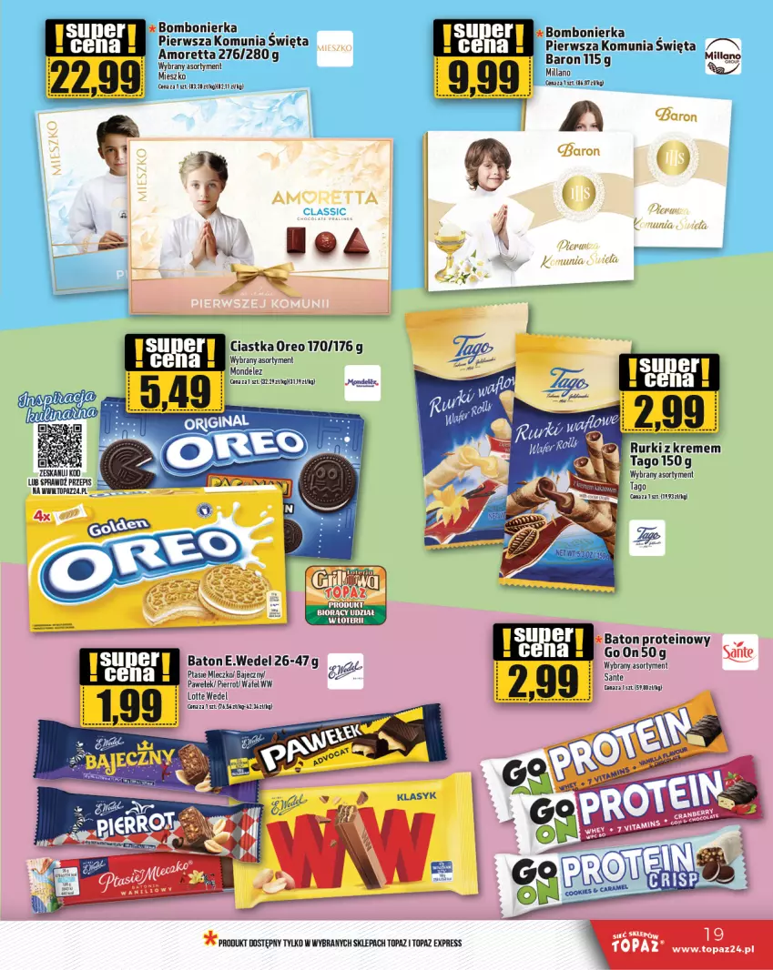 Gazetka promocyjna Topaz - Gazetka - ważna 09.05 do 15.05.2024 - strona 19 - produkty: Baton, Ciastka, Mleczko, Oreo, Ptasie mleczko, Rurki, Sante, Tago, Top