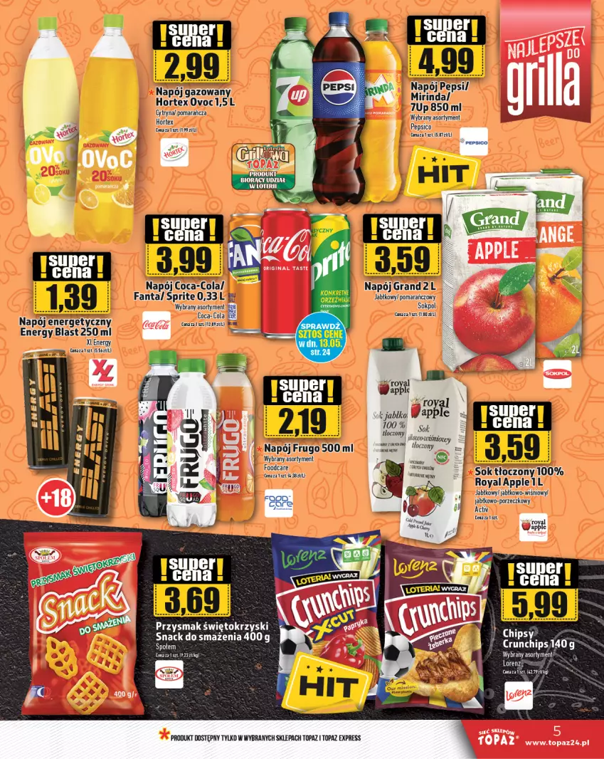 Gazetka promocyjna Topaz - Gazetka - ważna 09.05 do 15.05.2024 - strona 5 - produkty: Chipsy, Coca-Cola, Crunchips, Fa, Fanta, Gin, Gra, Hortex, Lorenz, Mirinda, Napój, Napój gazowany, Pepsi, Por, Sok, Sprite, Top