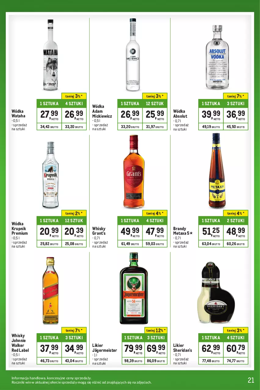 Gazetka promocyjna Makro - Kupujesz więcej płacisz mniej - oferta z alkoholem - ważna 16.04 do 13.05.2024 - strona 21 - produkty: Absolut, Brandy, Gra, Johnnie Walker, Krupnik, Likier, Metaxa, Wataha, Whisky, Wódka