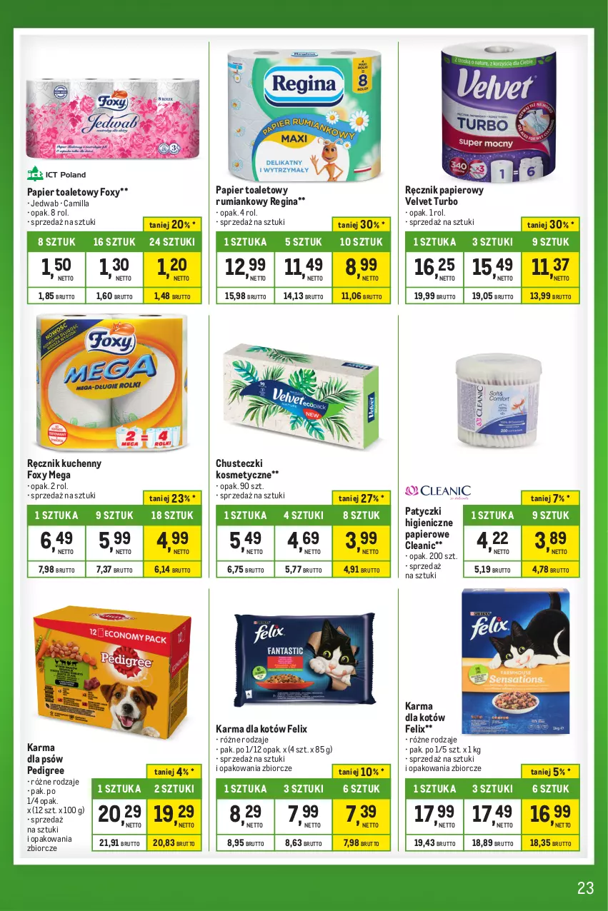 Gazetka promocyjna Makro - Kupujesz więcej płacisz mniej - oferta z alkoholem - ważna 16.04 do 13.05.2024 - strona 23 - produkty: Chusteczki, Chusteczki kosmetyczne, Cleanic, Felix, Foxy, Gin, Papier, Papier toaletowy, Pedigree, Ręcznik, Ręcznik kuchenny, Rum, Velvet