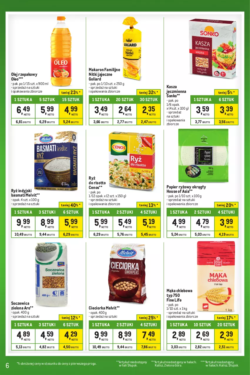 Gazetka promocyjna Makro - Kupujesz więcej płacisz mniej - oferta z alkoholem - ważna 16.04 do 13.05.2024 - strona 6 - produkty: Cenos, Chleb, Cieciorka, Fa, Goliard, House of Asia, Kasza, Kasza jęczmienna, Mąka, Makaron, Melvit, Olej, Olej rzepakowy, Oleo, Orka, Papier, Papier ryżowy, Ryż, Ryż do risotto, Sonko