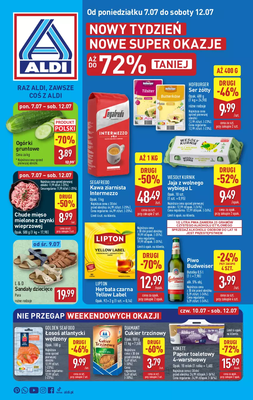Gazetka promocyjna Aldi - Pełna oferta - ważna 07.07 do 12.07.2025 - strona 1 - produkty: Burger, Cukier, Cukier trzcinowy, Diamant, Dzieci, Golden Seafood, Gra, Grunt, Herbata, Herbata czarna, Hofburger, Jaja, Jaja z wolnego wybiegu, Kawa, Kawa ziarnista, Lipton, Mięso, Papier, Papier toaletowy, Piwa, Piwo, Sandał, Segafredo, Ser