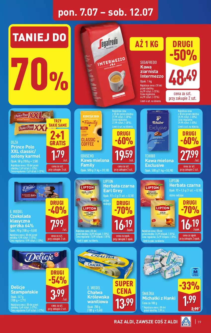 Gazetka promocyjna Aldi - Pełna oferta - ważna 07.07 do 12.07.2025 - strona 19 - produkty: Chałwa, Czekolada, Delicje, E. Wedel, Earl Grey, Fa, Gra, Herbata, Herbata czarna, Kawa, Kawa mielona, Kawa ziarnista, Lipton, Michałki, Prince Polo, Segafredo, Tchibo