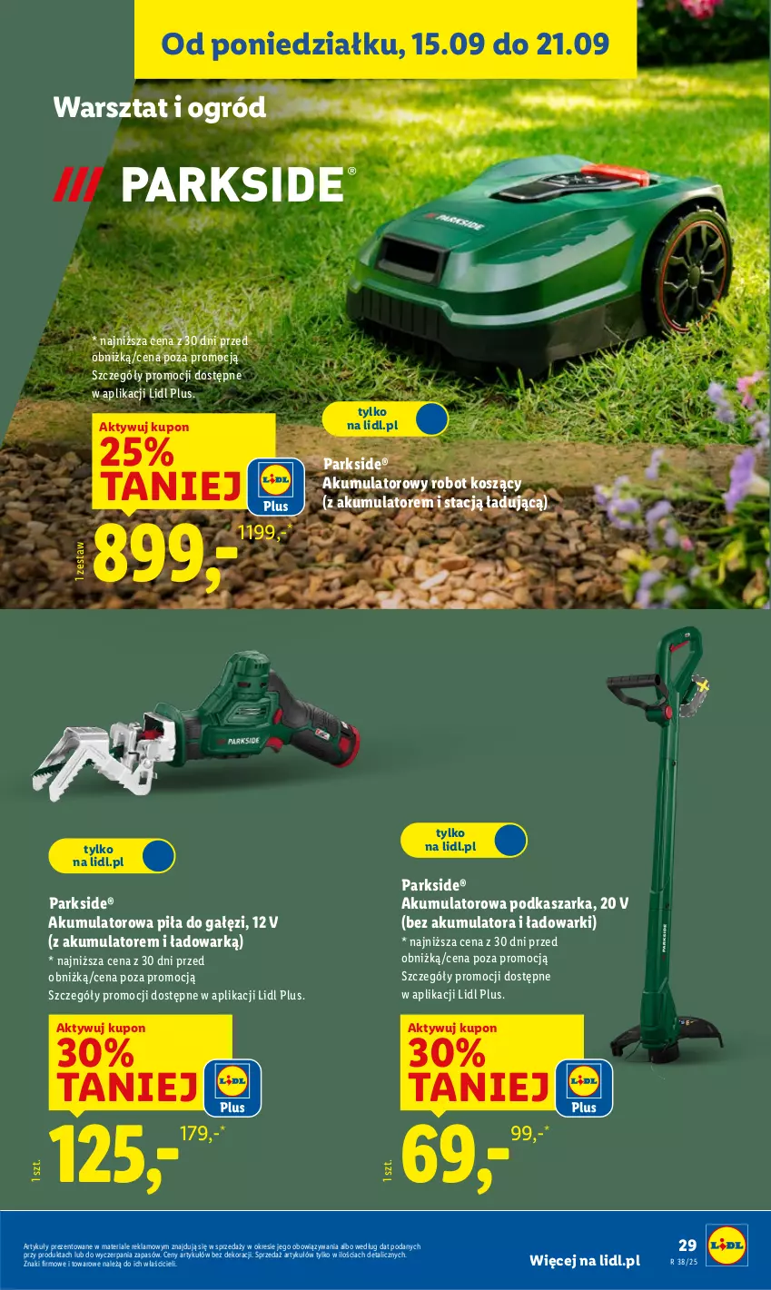 Gazetka promocyjna Lidl - GAZETKA - ważna 15.09 do 20.09.2025 - strona 39 - produkty: Akumulator, Kasza, Kosz, Ogród, Parkside, Piła do gałęzi, Robot