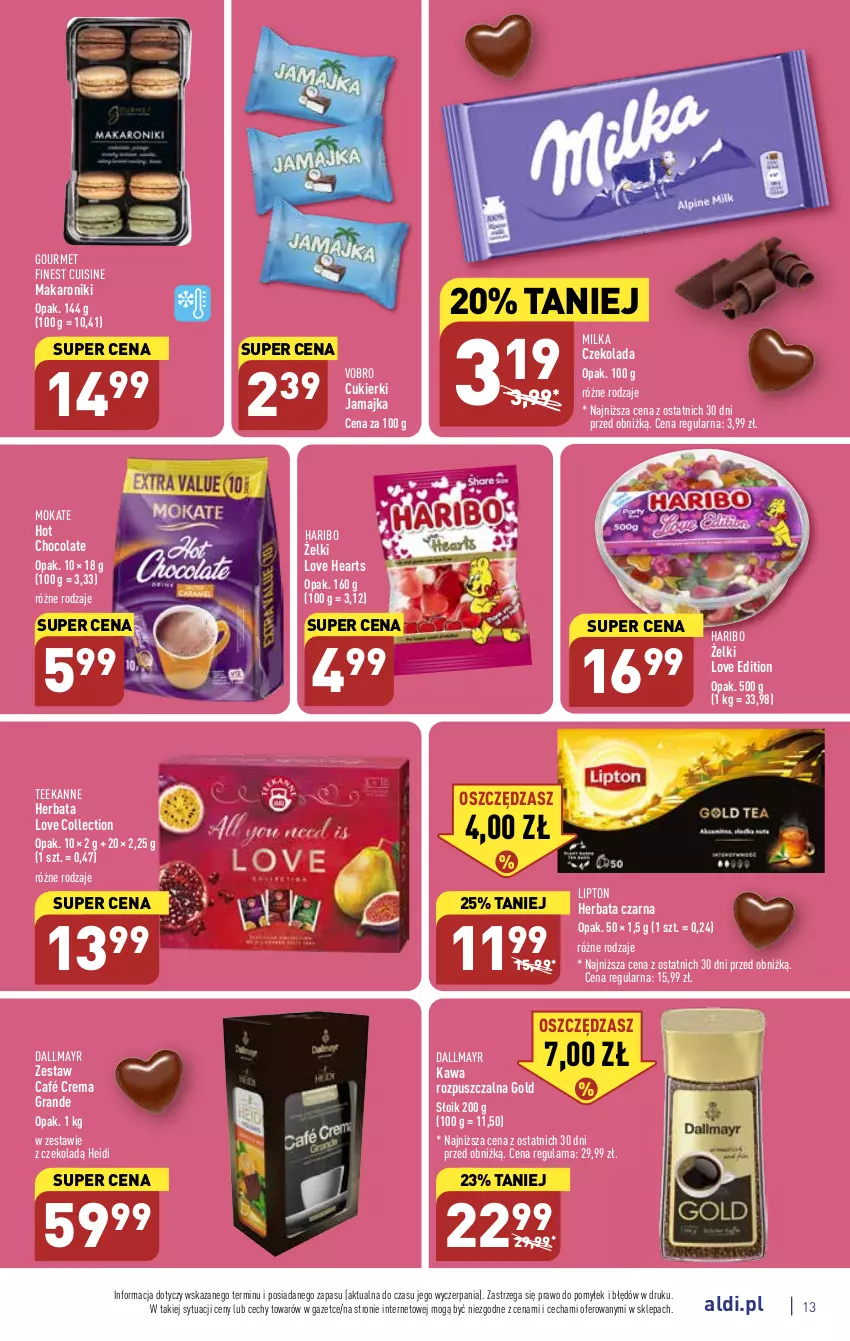 Gazetka promocyjna Aldi - Pełny katalog - ważna 13.02 do 18.02.2023 - strona 13 - produkty: Cukier, Cukierki, Czekolada, Dallmayr, Gra, Haribo, Herbata, Herbata czarna, Kawa, Kawa rozpuszczalna, Lipton, Makaron, Milka, Teekanne