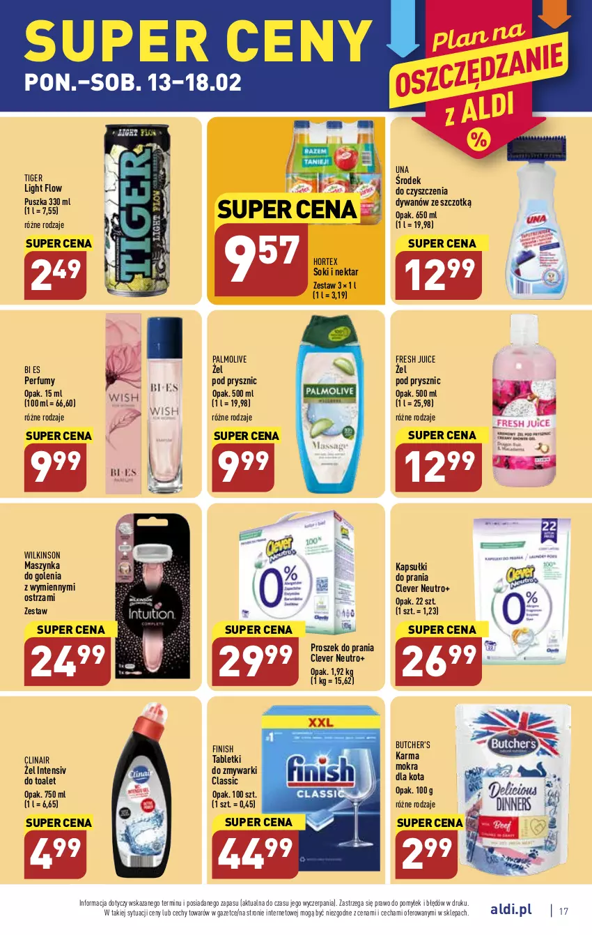 Gazetka promocyjna Aldi - Pełny katalog - ważna 13.02 do 18.02.2023 - strona 17 - produkty: Butcher's, Clin, Dywan, Finish, Hortex, Kapsułki do prania, Maszynka, Maszynka do golenia, Nektar, Palmolive, Perfum, Proszek do prania, Sok, Szynka, Tablet, Tabletki do zmywarki, Tiger, Zmywarki