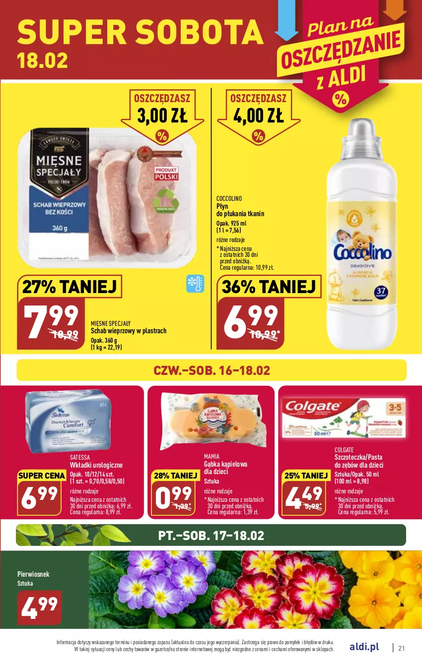 Gazetka promocyjna Aldi - Pełny katalog - ważna 13.02 do 18.02.2023 - strona 21 - produkty: Coccolino, Colgate, Dzieci, LG, Mięsne specjały, Pasta do zębów, Płyn do płukania, Schab wieprzowy, Szczoteczka, Wkładki, Wkładki urologiczne