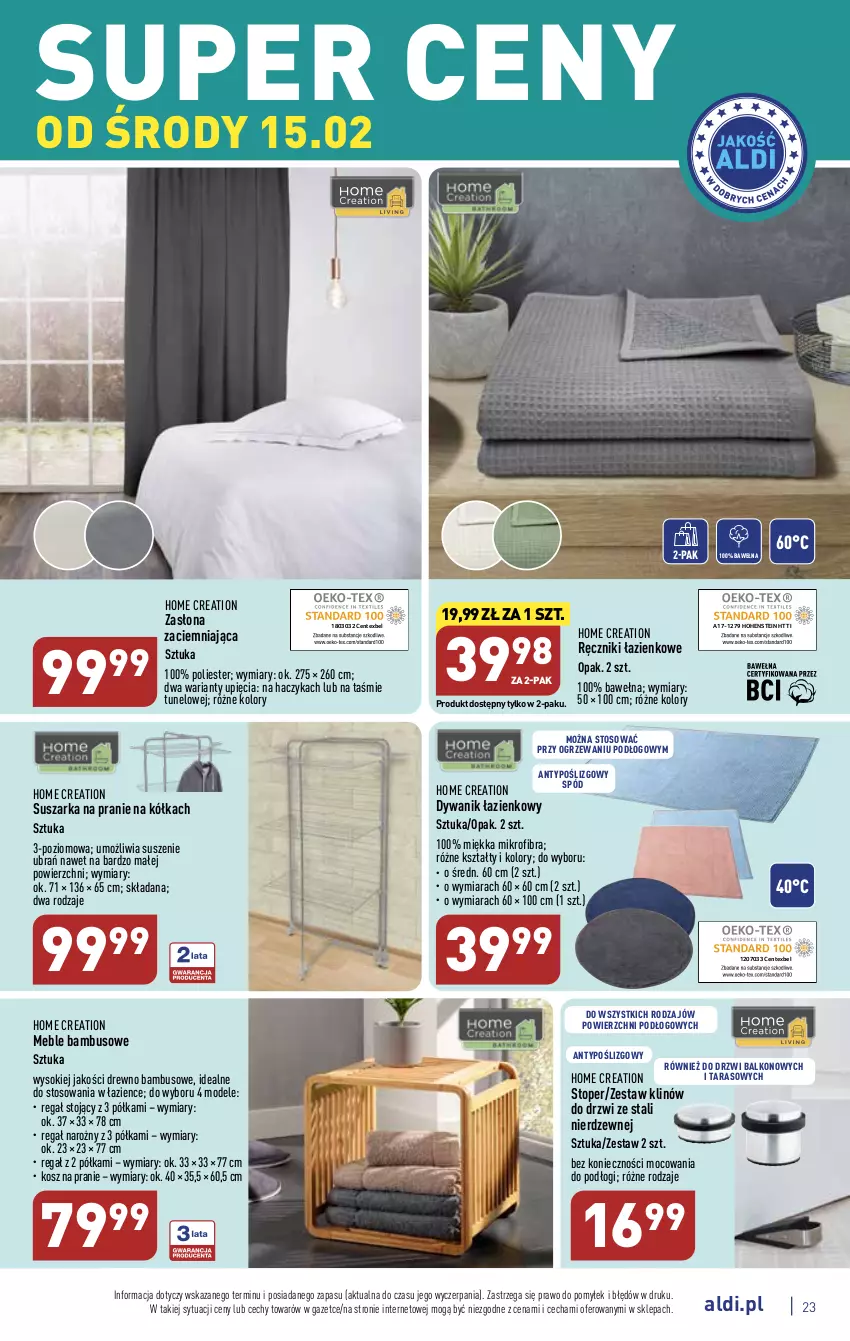 Gazetka promocyjna Aldi - Pełny katalog - ważna 13.02 do 18.02.2023 - strona 23 - produkty: Drzwi, Dywan, Dywanik, Dywanik łazienkowy, Haczyk, Kosz, Meble, Półka, Ręcznik, Regał, Sok, Suszarka, Suszarka na pranie, Top, Tunel, Wełna, Zasłona