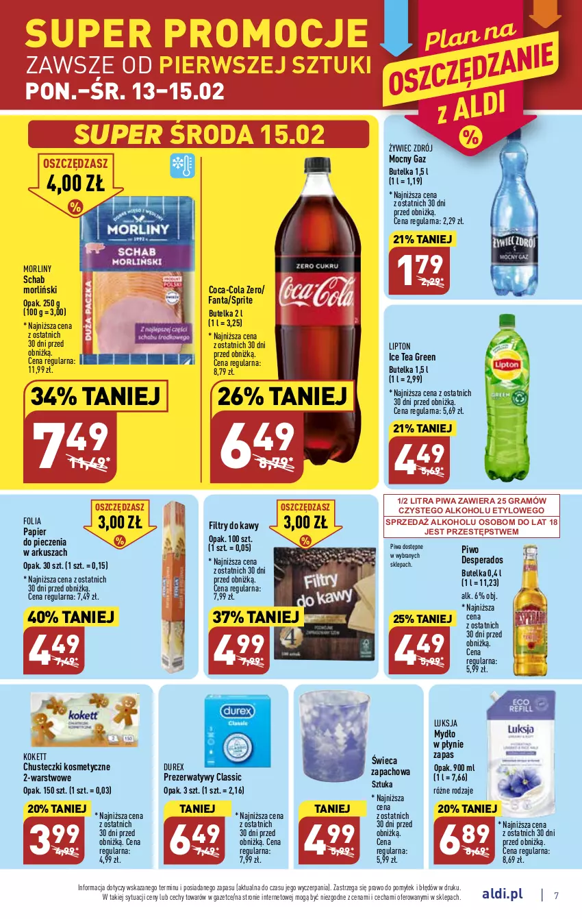 Gazetka promocyjna Aldi - Pełny katalog - ważna 13.02 do 18.02.2023 - strona 7 - produkty: Chusteczki, Chusteczki kosmetyczne, Coca-Cola, Desperados, Durex, Fa, Fanta, Gra, Ice tea, Lipton, Luksja, Morliny, Mydło, Mydło w płynie, Papier, Papier do pieczenia, Piec, Piwa, Piwo, Prezerwatyw, Sprite