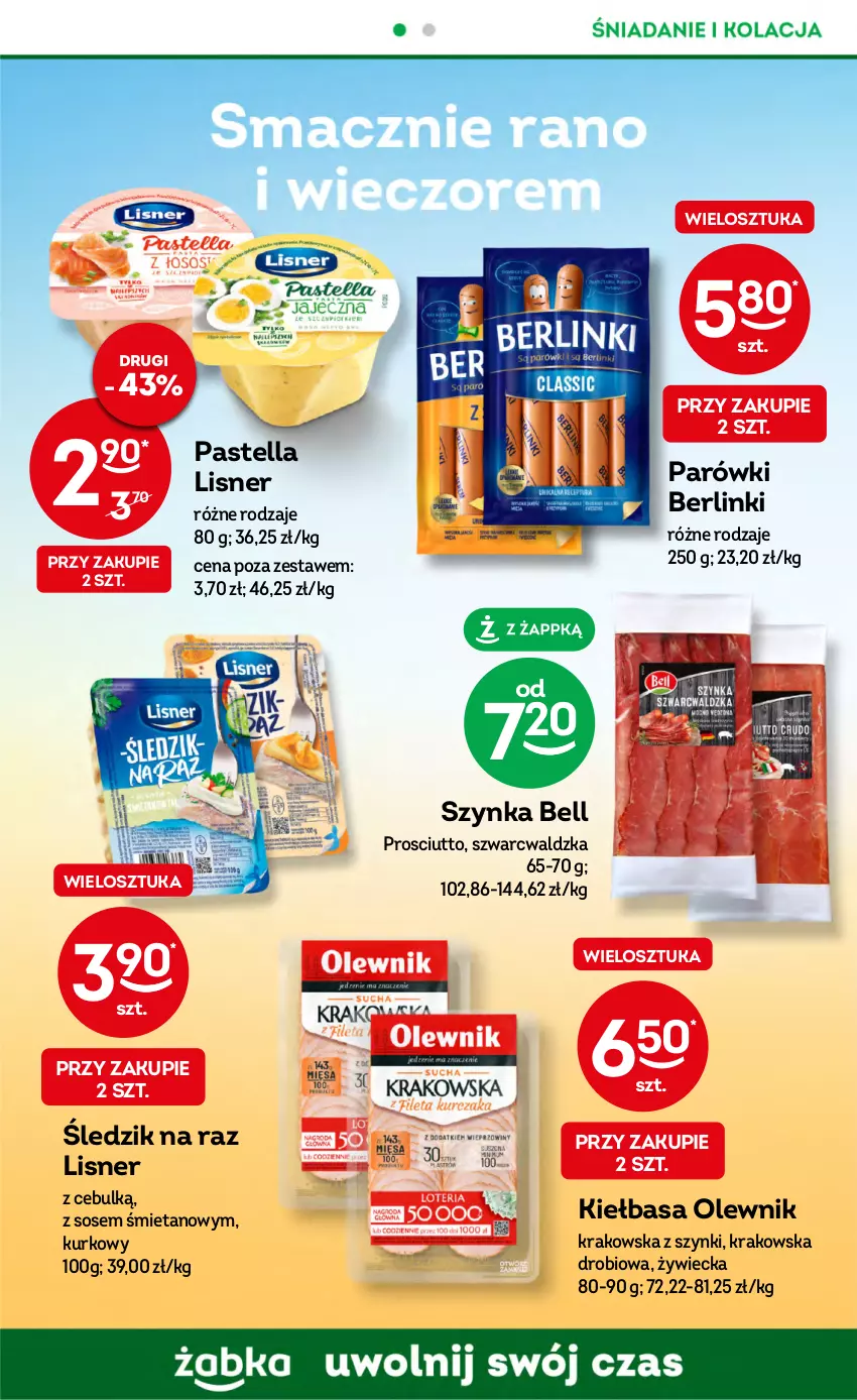 Gazetka promocyjna Żabka - ważna 02.08 do 15.08.2023 - strona 40 - produkty: Bell, Berlinki, Kiełbasa, Lisner, Olewnik, Parówki, Pastella, Prosciutto, Sos, Szynka