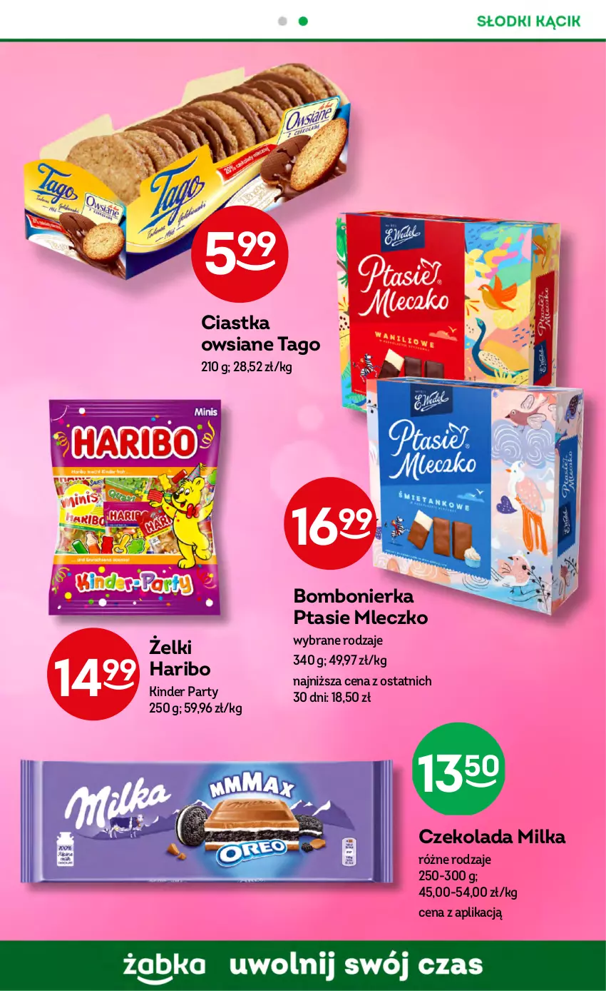 Gazetka promocyjna Żabka - ważna 02.08 do 15.08.2023 - strona 53 - produkty: Ciastka, Ciastka owsiane, Czekolada, Haribo, Kinder, Milka, Mleczko, Ptasie mleczko, Tago