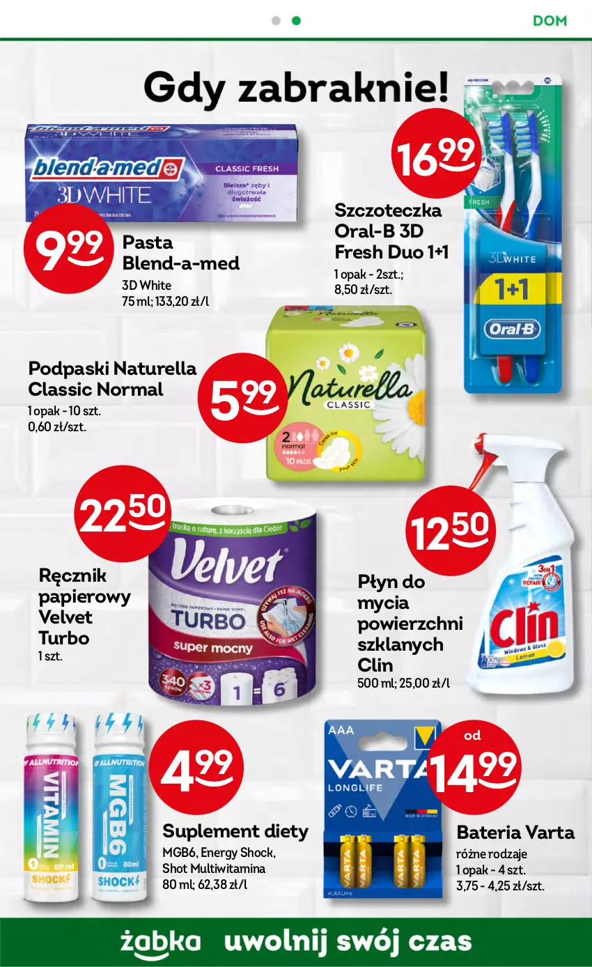 Gazetka promocyjna Żabka - ważna 02.08 do 15.08.2023 - strona 56 - produkty: Bateria, Blend-a-Med, Clin, Naturell, Naturella, Papier, Płyn do mycia, Podpaski, Ręcznik, Suplement diety, Szczoteczka, Varta, Velvet