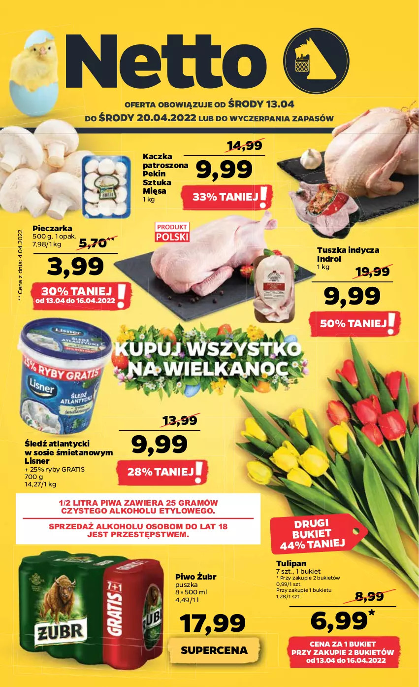 Gazetka promocyjna Netto - Gazetka spożywcza 13.04-20.04 - ważna 13.04 do 20.04.2022 - strona 1 - produkty: Bukiet, Gra, Kaczka, Lisner, Piec, Pieczarka, Piwa, Piwo, Sos, Tulipan, Tusz